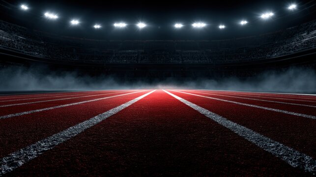 Running track at stadium at night with smoke and lights