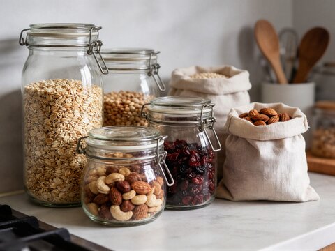 Assorted nuts and dried fruits in glass jars and canvas sacks on white countertop ideal for bulk food store and zero waste lifestyle packaging design