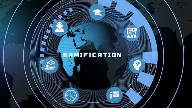 Innovative gamification in education concept with interactive reward icons and progress tracking digital elements.