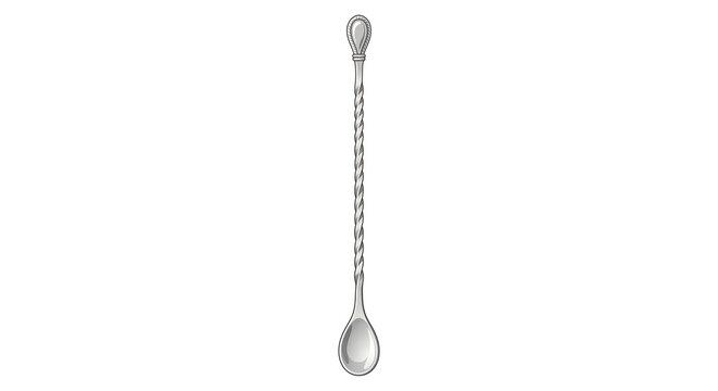 Silver bar spoon with twisted handle and oval spoon end for cocktail mixing