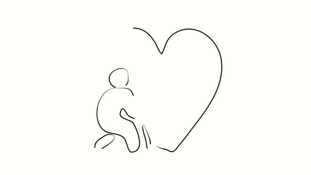 Caring for an elderly person. Contour drawing, silhouett animation. Continuous line. Isolated on white. Video 4k object illustration self-drawing. Object construction. Minimalist continuous line drawi