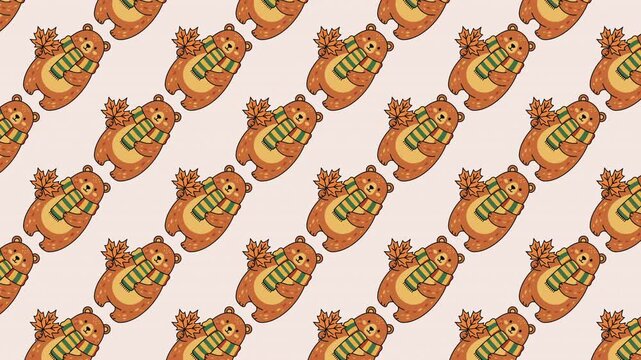 A seamless pattern of cartoon-style thanksgiving BEAR  with 'gobble' text on a soft pink background