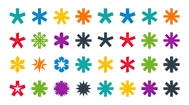 Collection of colorful starburst asterisk icons in various shapes and hues
