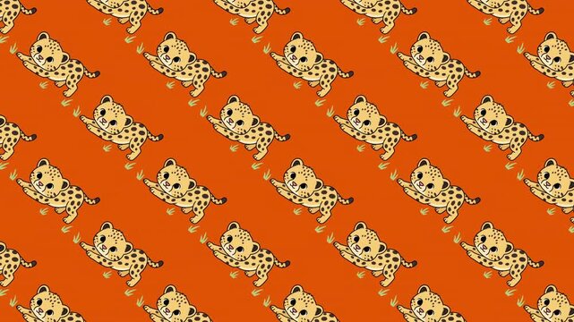 Vibrant orange background with playful cartoon cheetahs in dynamic running motion