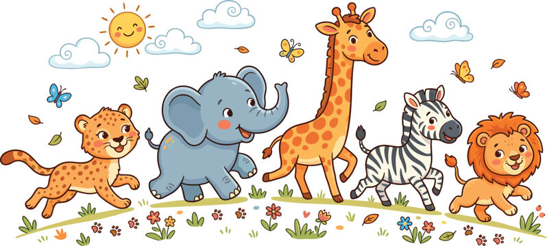 Cute baby jungle animals walking in savanna landscape background including happy elephant giraffe zebra lion cub cheetah vector illustration