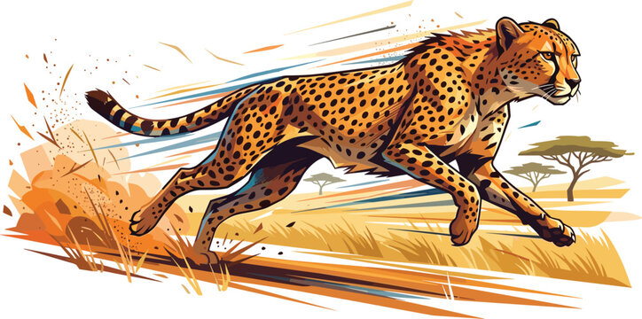 Dynamic running cheetah vector illustration capturing fast motion speed and wild animal power in African savanna landscape background