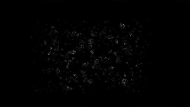 Dark gray debris particles and rocky dust exploding outward for cosmic asteroid collision concept vfx motion graphics design video overlay effect on black background