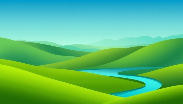 Serene green rolling hills with a winding blue river under a clear sky