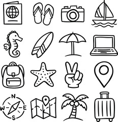 Fototapeta premium Hand drawn travel icons for summer vacation holiday beach trips and outdoor adventures
