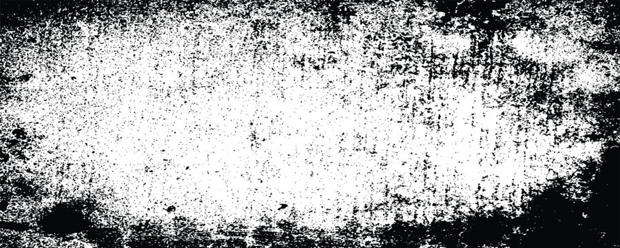 Abstract white grunge texture background with black distress borders. Minimal retro grain, scratch paint, dust, and ink splatter banner pattern vector illustration template.