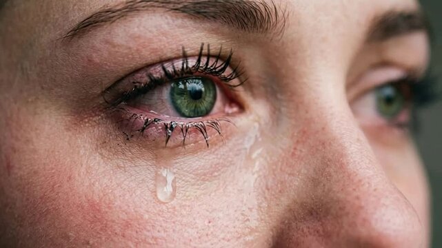 Close-up of a woman?s eye with tears in a natural setting