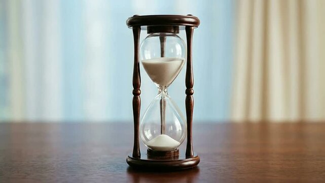 Close-up of an Hourglass on Wooden Surface with Blurred Background