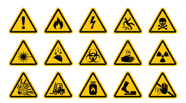 Collection of yellow warning and danger signs for safety awareness