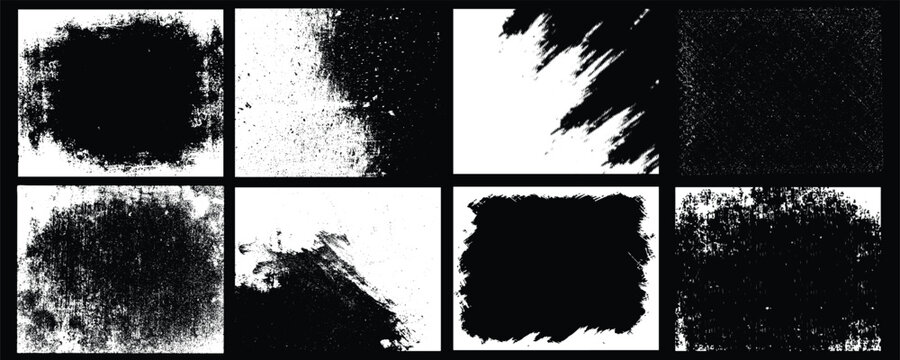 Collection of abstract grunge texture banners. Set of black and white distress ink brush stroke, scratch paint, grain, and dusty borders pattern vector illustration templates.