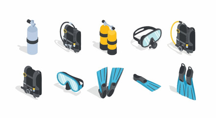 Collection of scuba diving and snorkeling equipment icons. © Agus