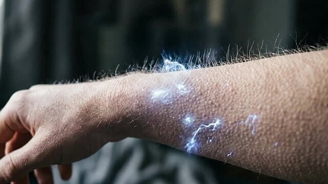 Close-up of Human Arm with Bright Electric Spark Effects