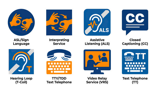 Communication accessibility symbols for hearing impairment and assistive technology