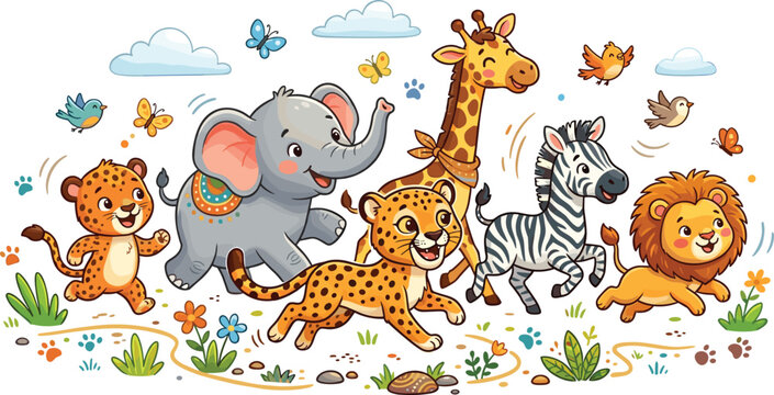 Cute safari jungle animals running together background including happy elephant giraffe zebra lion cub cheetah baby leopard vector illustration