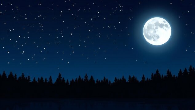 Full moon shining brightly in a starry night sky over a dark forest silhouette