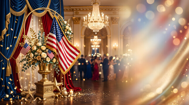 Elegant USA patriotic gala banquet hall background with flags, chandelier, and bokeh lights