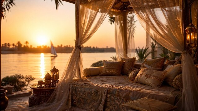 A lavish daybed with sheer fabric on a riverbank at sunset, warm golden hour light, serene.