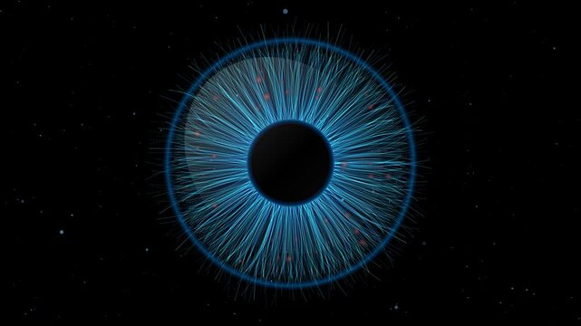 A futuristic blue iris with lines radiates against black background