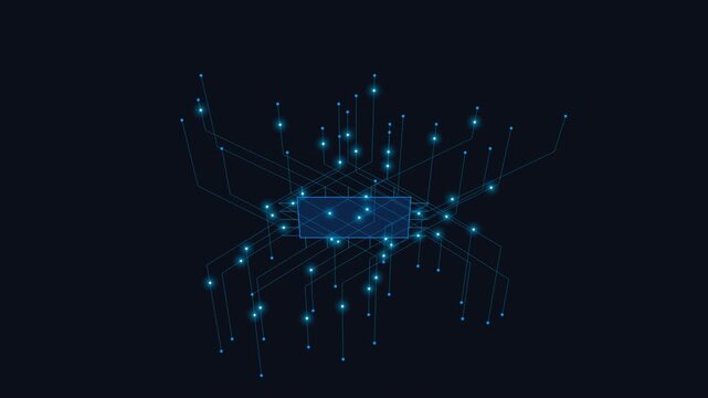 A futuristic network visualization with glowing blue dots and lines forms a complex pattern on a dark background.