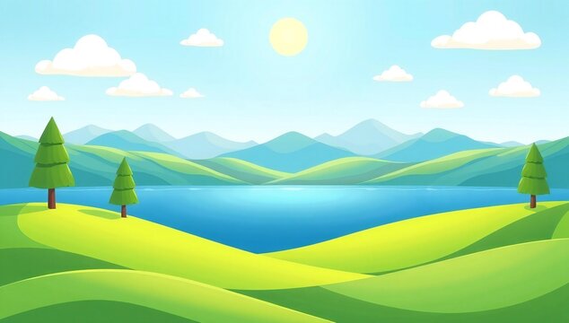 Serene landscape with rolling green hills calm lake and distant mountains