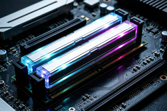 Close up of high performance glowing RGB RAM memory on a computer motherboard.