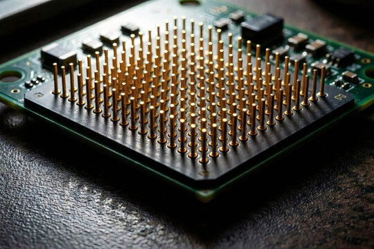 Macro photography of golden connection pins on a computer processor.