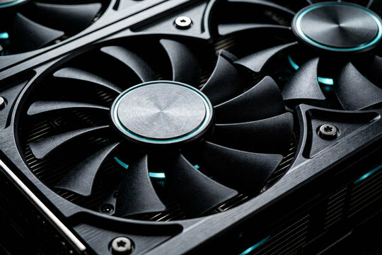 Close up of high performance gaming graphics card cooling fans.