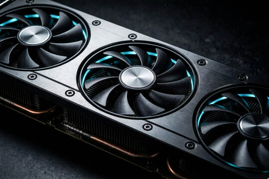 Close up of high performance gaming graphics card cooling fans.