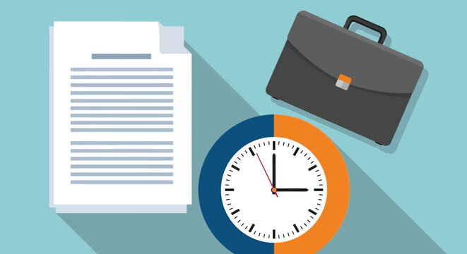 Time management and professional document preparation featuring analog clock and briefcase on teal background for corporate schedule and task organization.