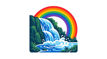Fototapeta premium Vibrant Rainbow Over Cascading Waterfall in Nature Scene, Illustration, Bright Colors, Scenic Landscape, Cheerful Atmosphere
