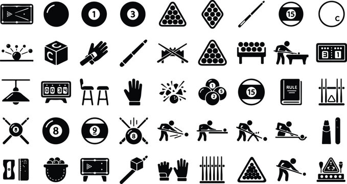 Billiard and pool equipment icon set for snooker sports