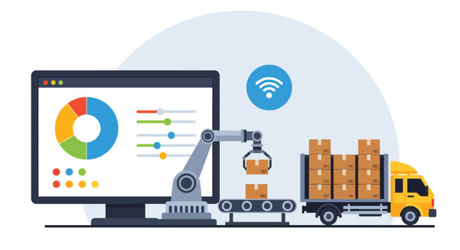 Automated logistics and supply chain management with robotic arm sorting packages onto truck, monitored by computer with data charts and wifi signal.