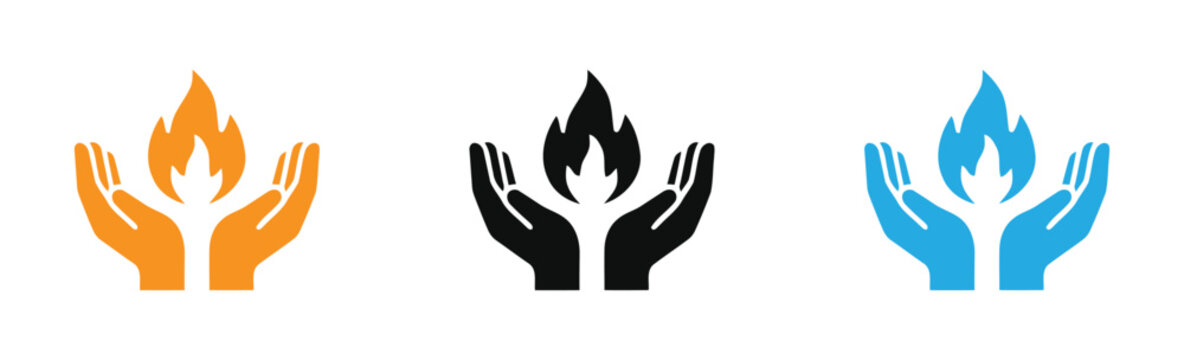Hands holding flames icon in orange, Black, And blue, Symbolizing protection and care vector illustration .