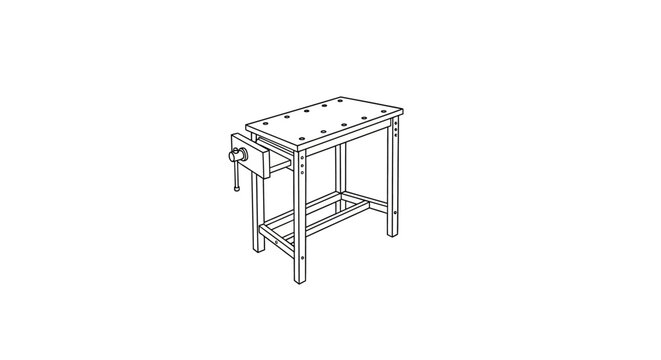 Wooden workbench with metal vice and sturdy frame.