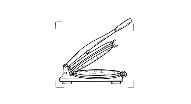 Vintage metal paper cutter with wooden base and handle.
