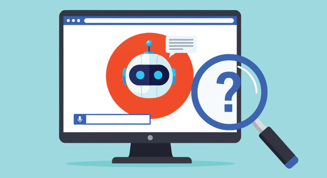 Chatbot artificial intelligence bot on computer screen with question mark and magnifying glass, concept of online support.