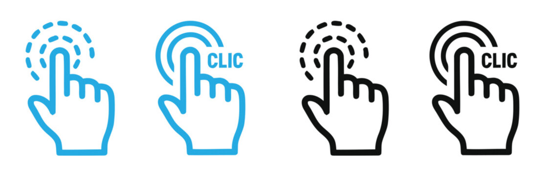 Click hand icons with wifi signal and clic text in blue and black vector illustration .