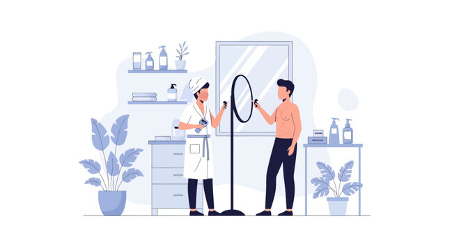 Barber trimming client's beard in mirror, flat design style