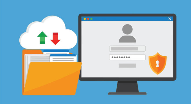 Cloud file storage and data transfer with upload download arrows on folder, secure login screen on computer monitor.
