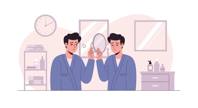 Man looking sadly in mirror, morning routine, self-doubt, grooming