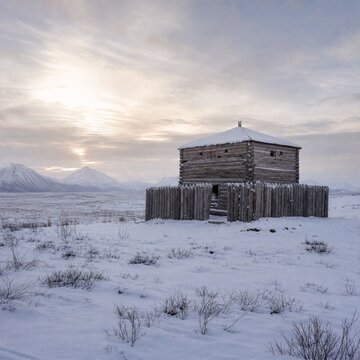 Square log blockhouse isolated in a snow-covered wilderness, soft winter light, desolate landscape.