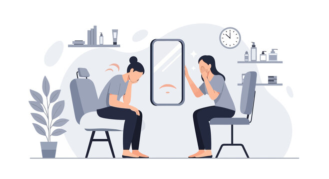 Woman's self-perception vs. reflected reality after beauty treatment