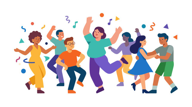 Diverse group of people joyfully dancing and celebrating together.