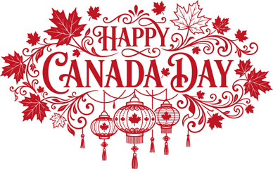Canada day celebration graphic with maple leaves and lanterns © Tufayel