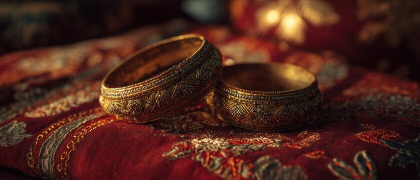 Ornate gold bangles on textured red fabric