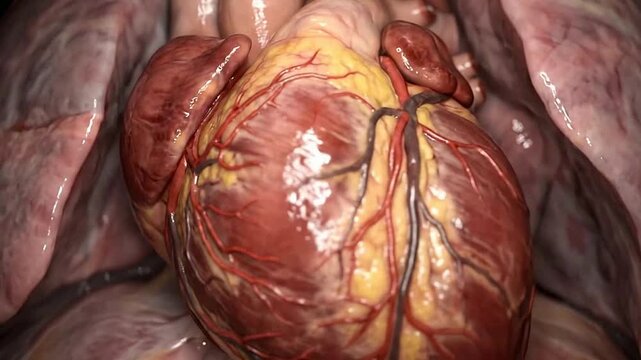 Detailed view of human heart with coronary arteries in anatomy study